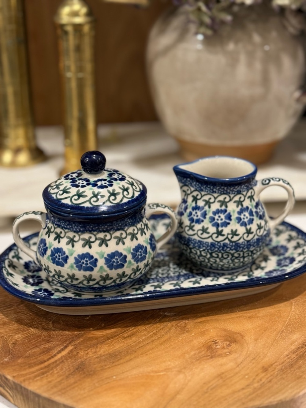 Vintage Polish Pottery/ CREAM AND SUGAR SET - Hand made in Poland/  Sighed